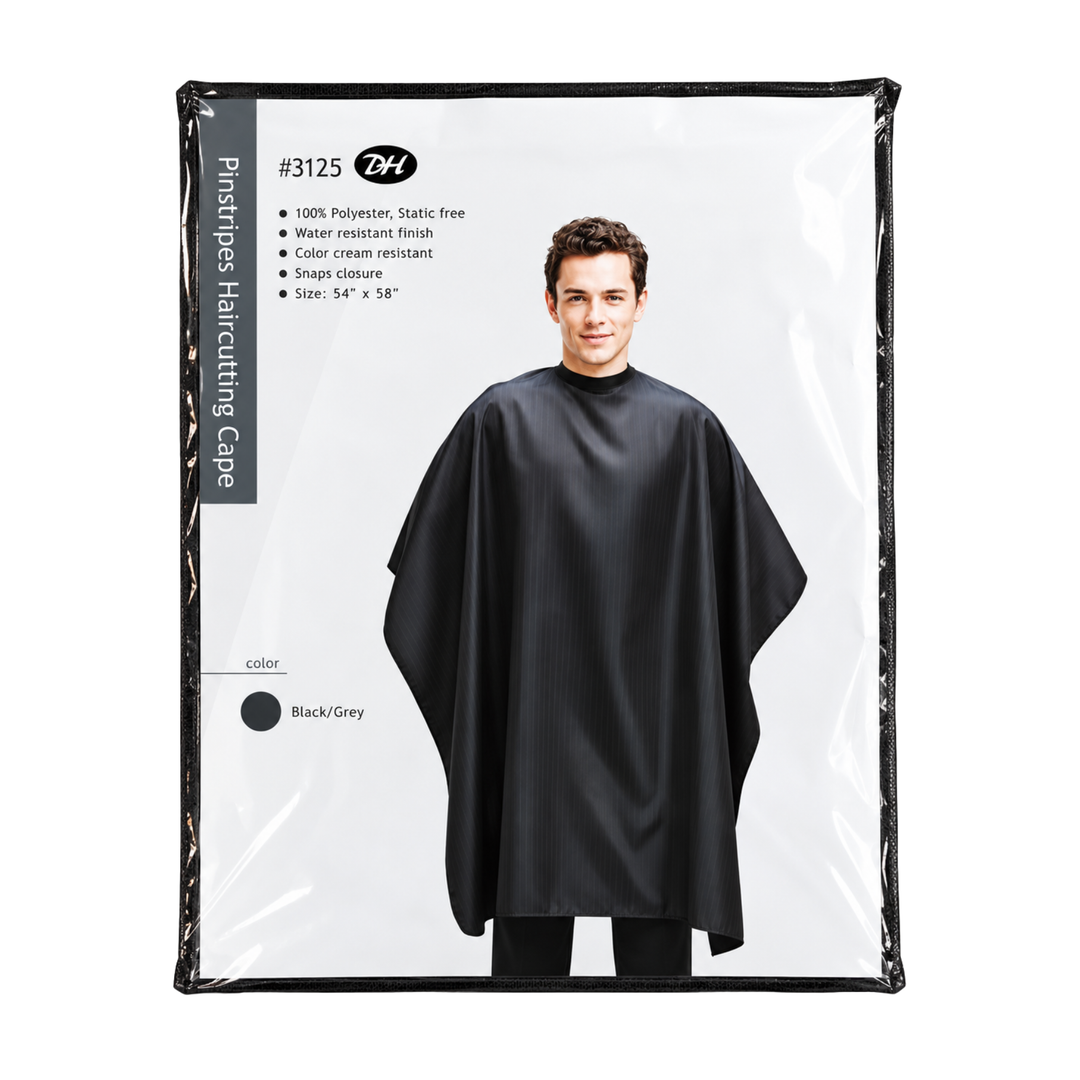 PINSTRIPE HAIRCUTTING CAPE #3125 POLYESTER BLACK/GREY - SHC DELETE